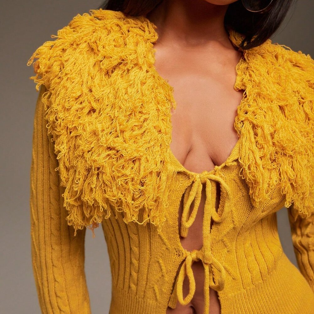 Yellow Casual Women's Fringe Detail Open Front Sweater Cardigan - Picture 3 of 7